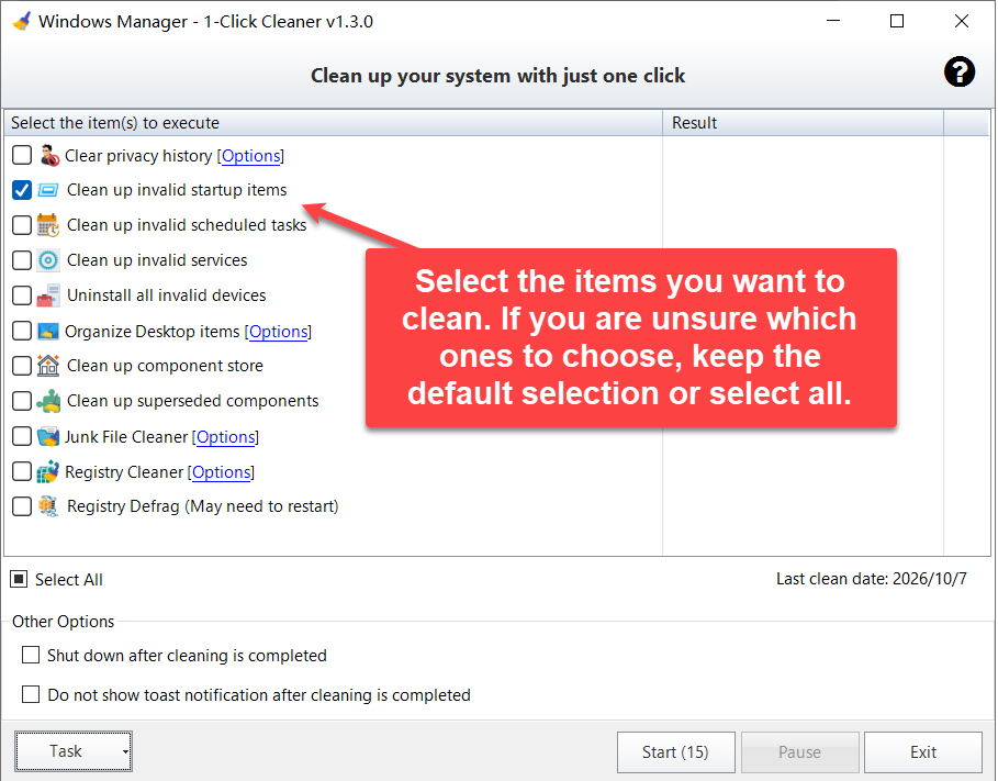 1-Click Cleaner main window: select the cleanup items you want; the note says to keep the defaults or select all if you are unsure