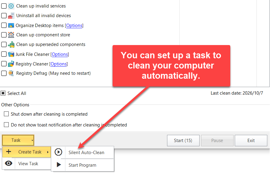 1-Click Cleaner Task menu: Silent Auto-Clean under Create Task sets up automatic cleaning