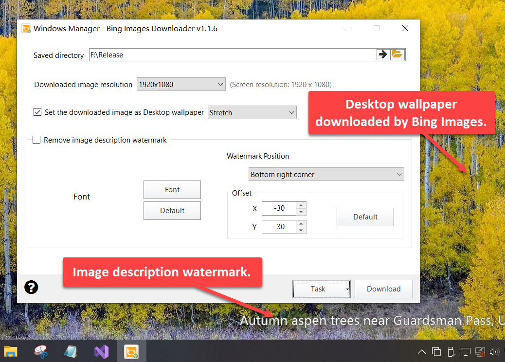 Bing Images Downloader main window: save folder, resolution, wallpaper, and description watermark