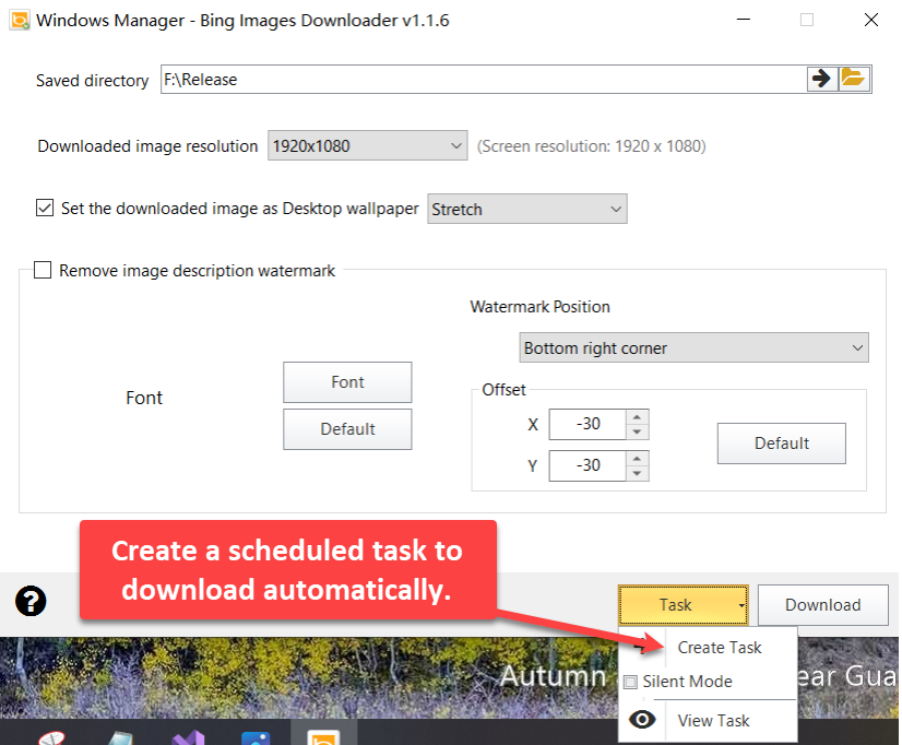 Bing Images Downloader Task menu: Create Task, Silent Mode, View Task