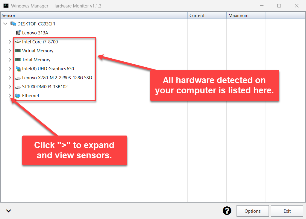 Windows Manager Hardware Monitor main window: detected CPU, memory, graphics card, drives and network adapter