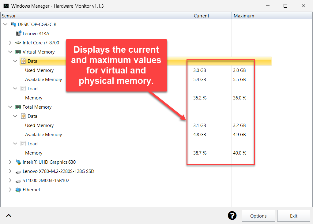 Hardware Monitor memory view: used memory, available memory and memory load with current and maximum values