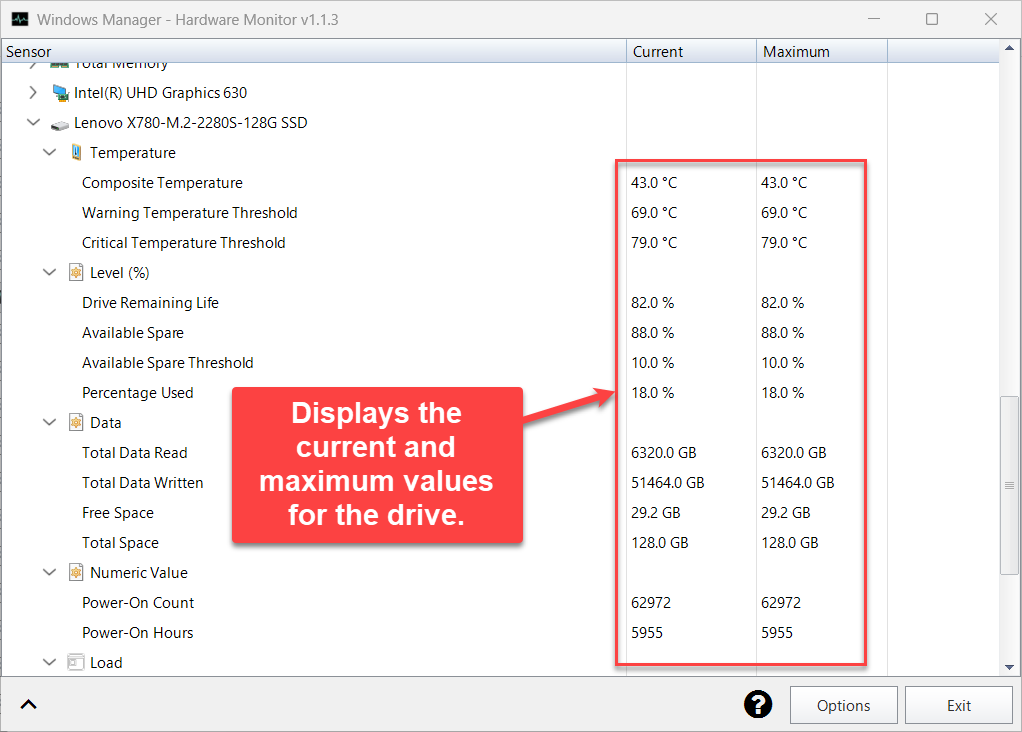 Hardware Monitor SSD: temperature, remaining life, total data read/written, free space and power-on time