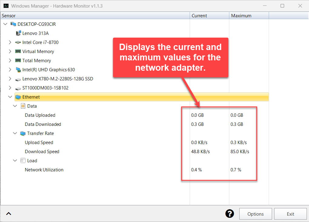 Hardware Monitor network adapter: data uploaded/downloaded, upload and download speed, network utilization