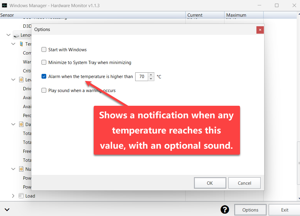 Hardware Monitor Options: start with Windows, minimize to system tray, alarm temperature and warning sound