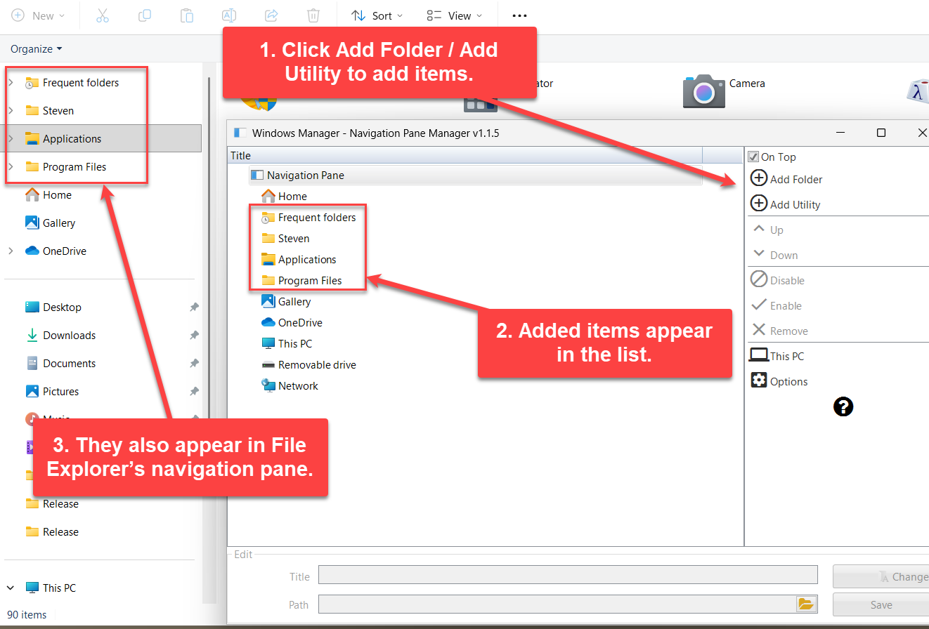 Windows Manager Navigation Pane Manager main window: navigation pane tree and add toolbar