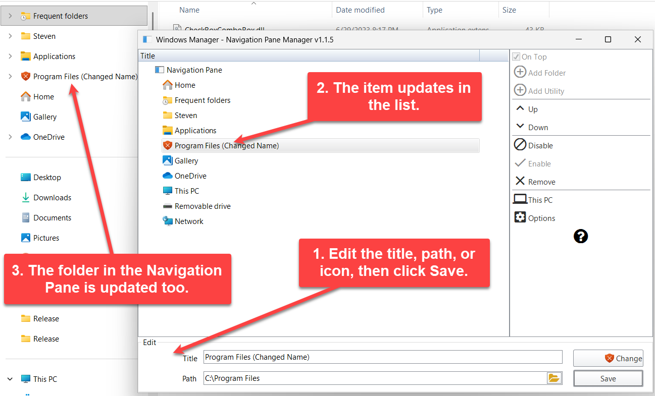 Navigation Pane Manager: Add Folder, On Top option, and custom item Edit area