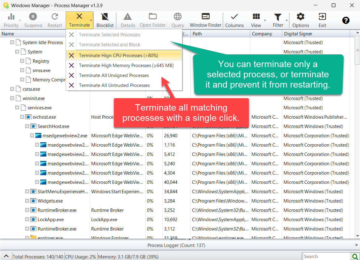 Terminate menu: selected terminate, terminate and block, and batch options
