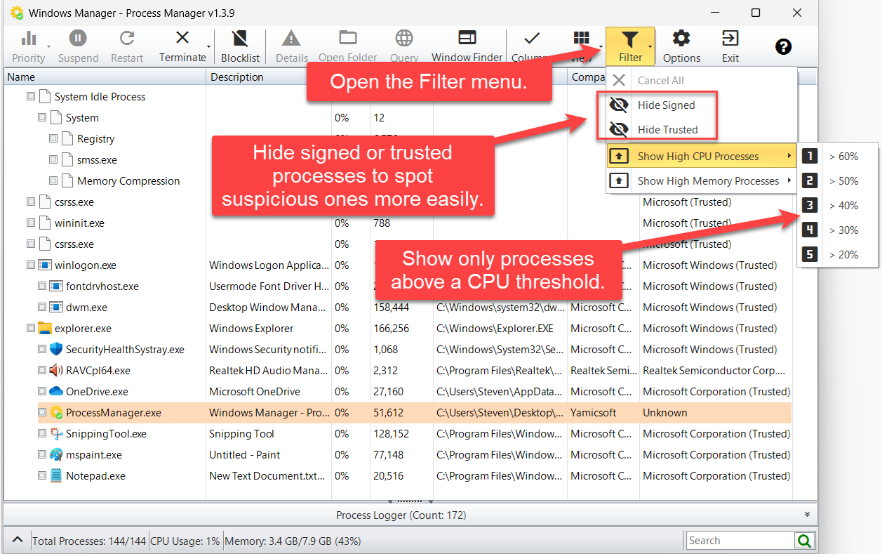 Filter menu: hide signed/trusted and CPU threshold submenu