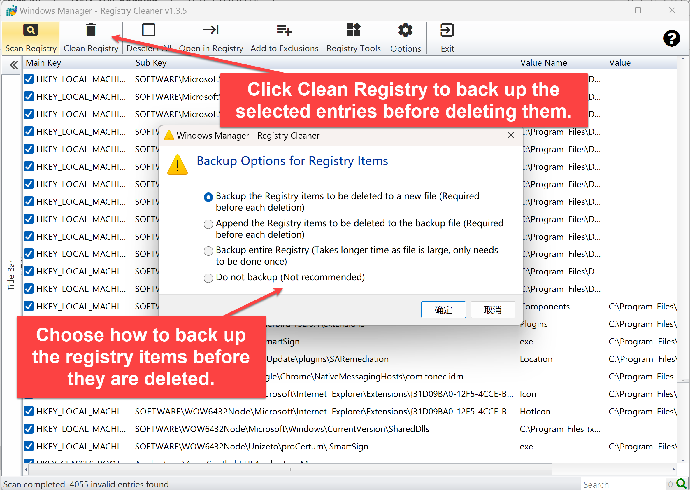 Scan results and Clean Registry