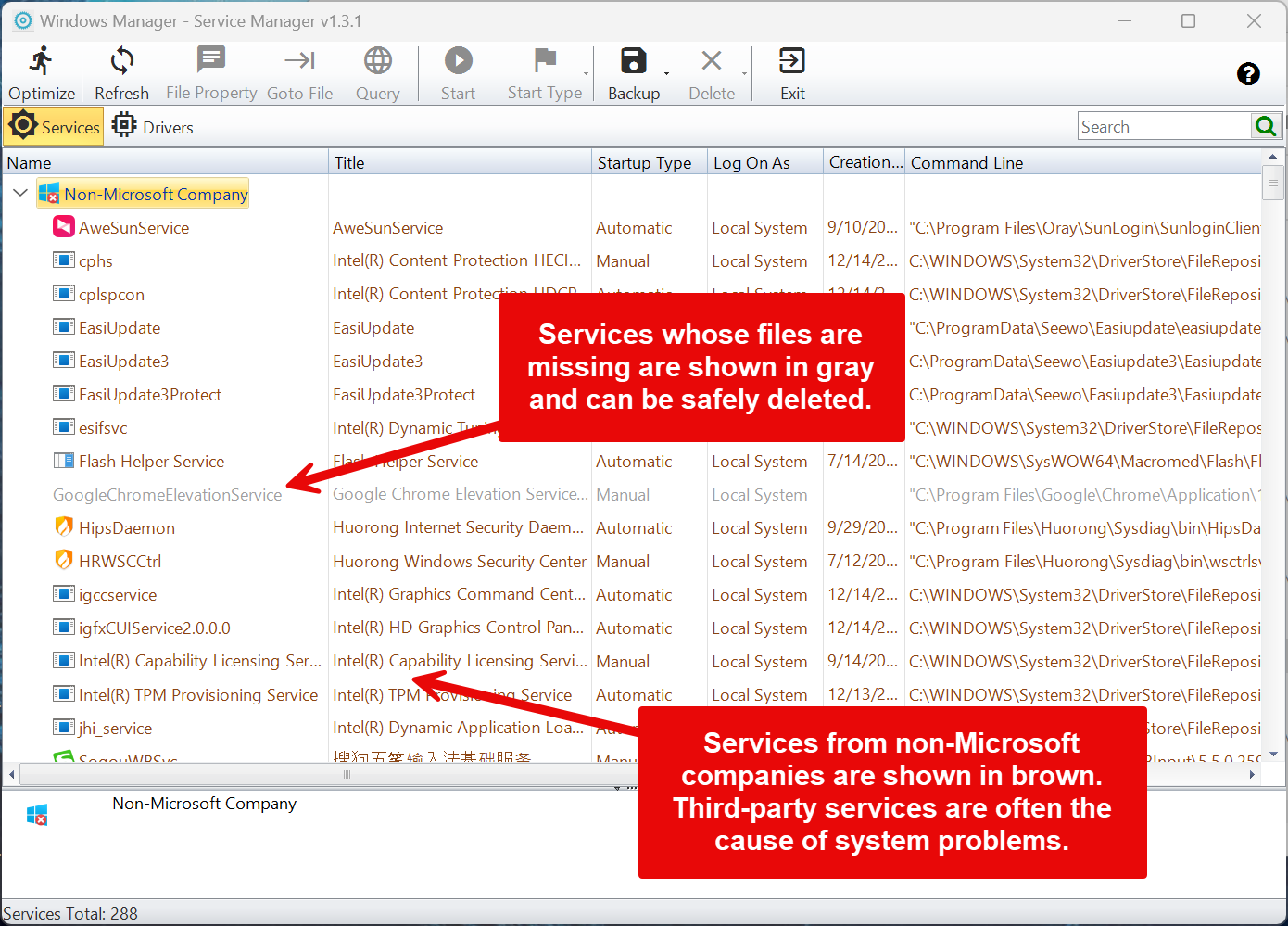 Non-Microsoft Company group: third-party services and gray invalid services Windows Manager Service Manager Non-Microsoft Company group: third-party services shown in brown, invalid services with missing files shown in gray and ready to delete