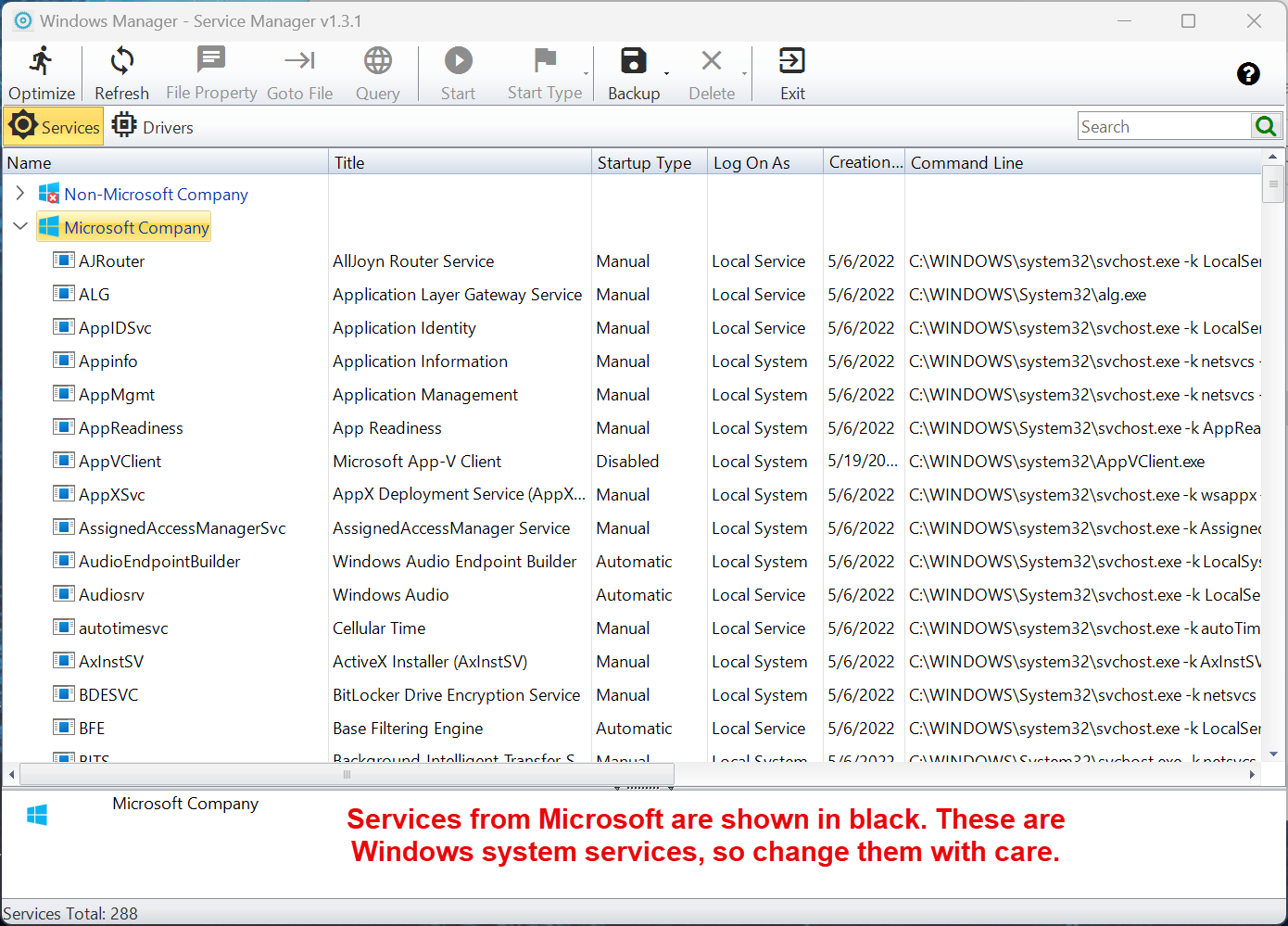 Microsoft Company group: Windows system services, change with care Windows Manager Service Manager Microsoft Company group: built-in Windows system services shown in black; change them with care