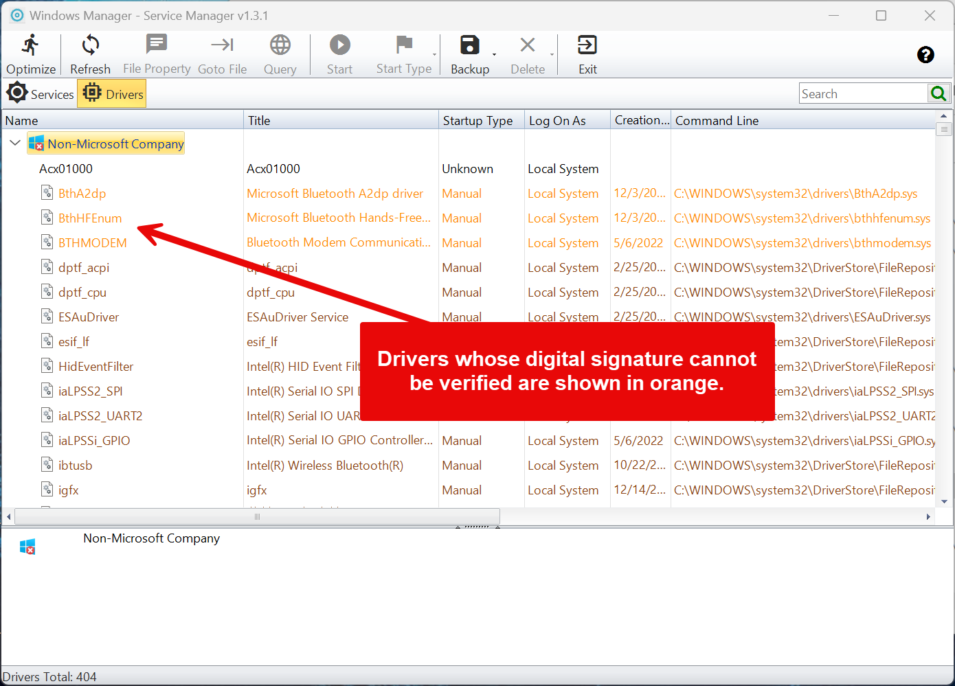 Drivers: drivers with unverifiable signatures are shown in orange Windows Manager Service Manager drivers view: in the Non-Microsoft Company group, drivers whose digital signature cannot be verified are shown in orange