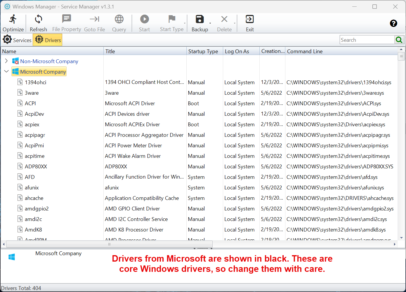 Microsoft Company drivers: core Windows drivers, change with care Windows Manager Service Manager Microsoft Company drivers: core Windows drivers shown in black, with startup types Boot, System and Manual