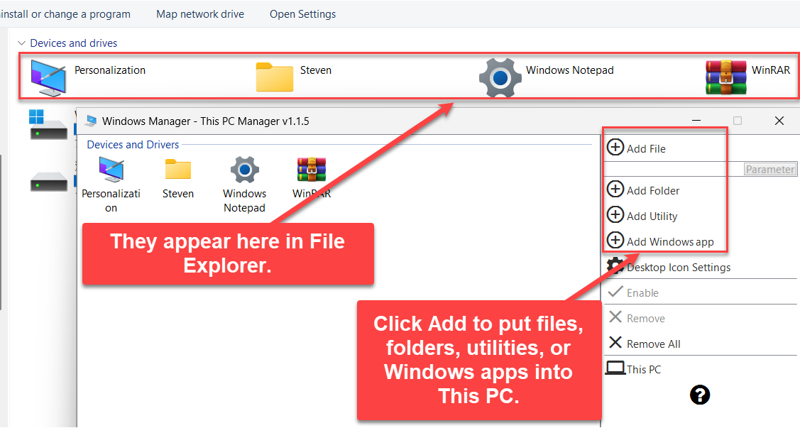 Windows Manager This PC Manager: after adding a file, folder, utility, or Windows app, the item appears in File Explorer’s This PC view
