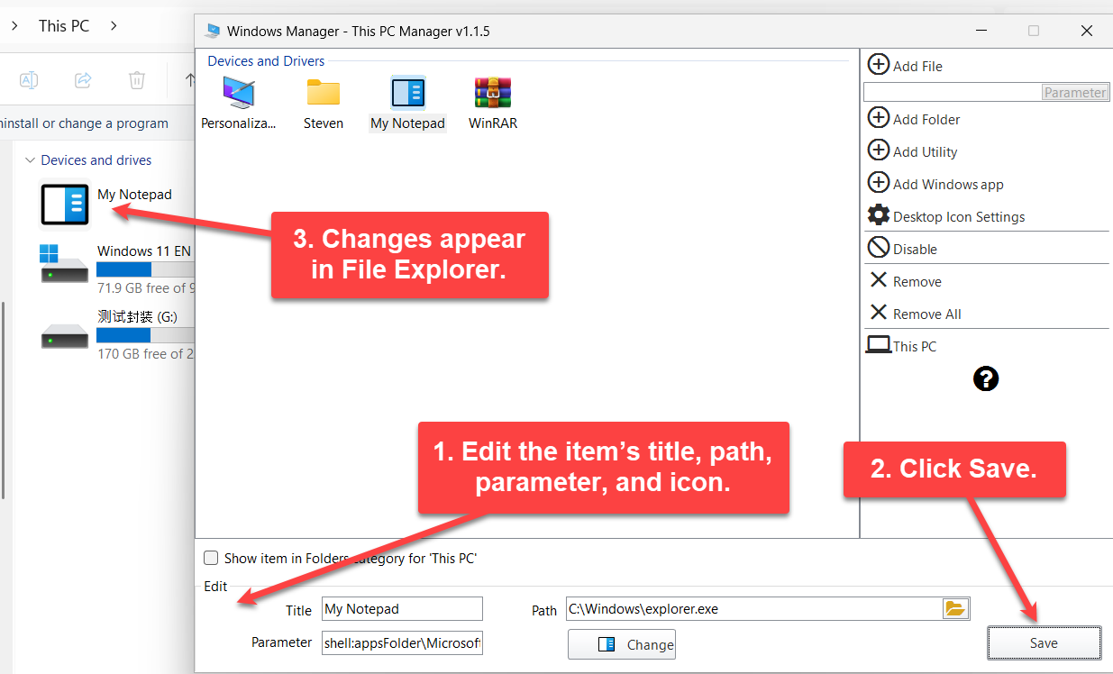 This PC Manager: after editing title, path, parameter, or icon and saving, File Explorer’s This PC display updates