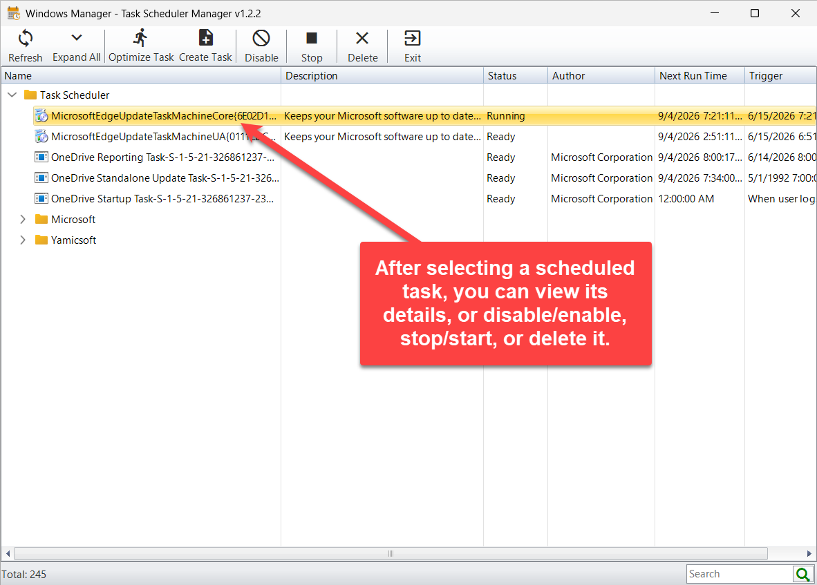 Task Scheduler Manager main window: toolbar and scheduled task tree