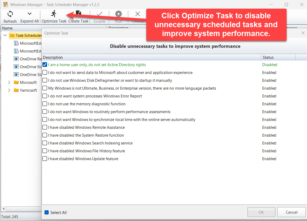 Optimize Task dialog: scenarios for unnecessary system tasks