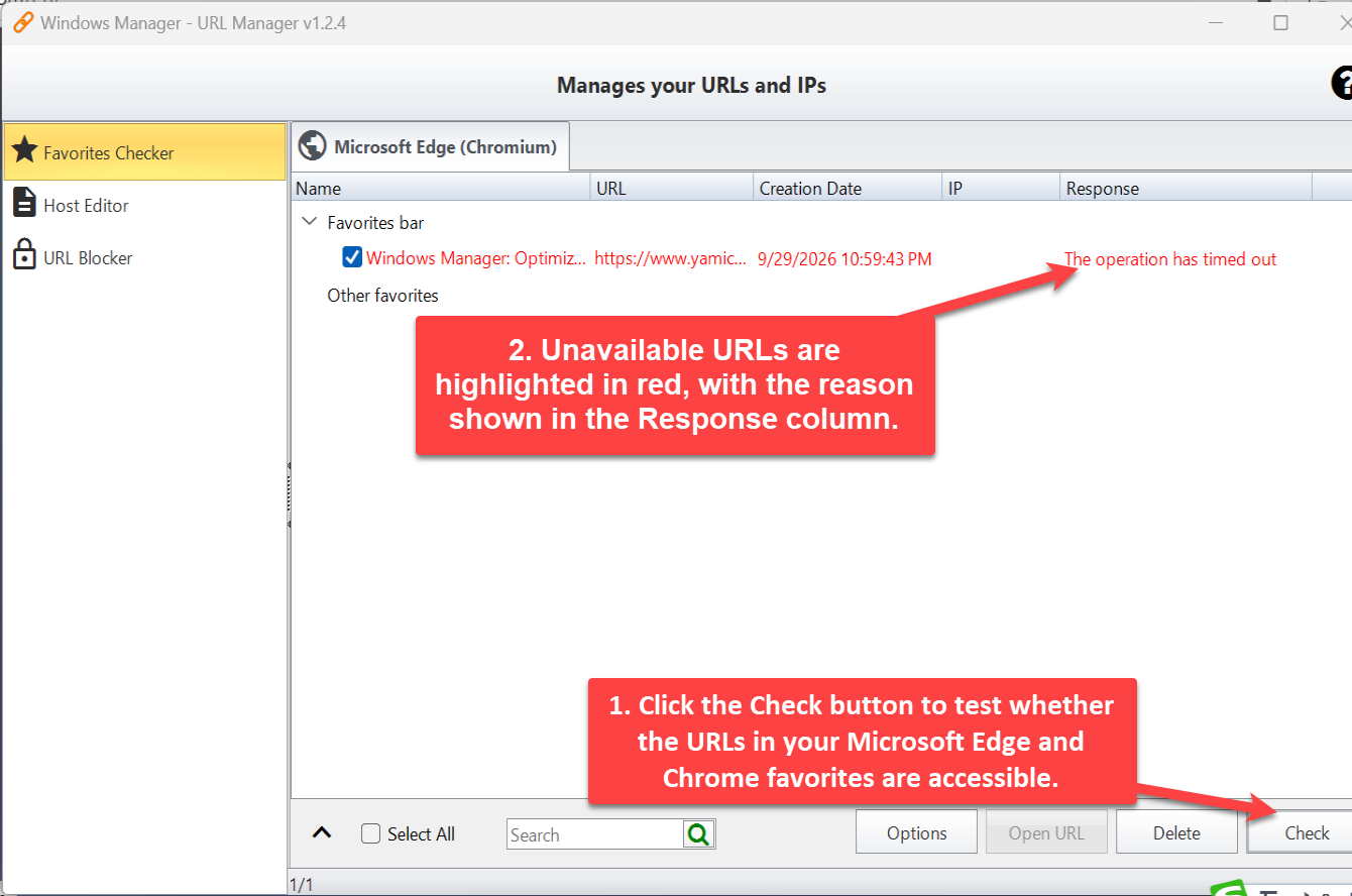 Windows Manager URL Manager Favorites Checker: after clicking Check, unreachable Edge favorites are highlighted in red with the timeout reason in the Server Response column
