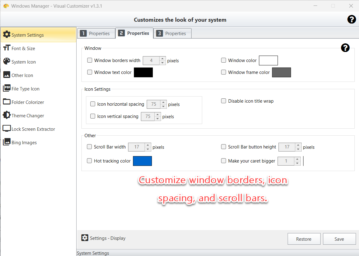 Visual Customizer System Settings Properties 2: customize window borders, icon spacing, and scroll bars