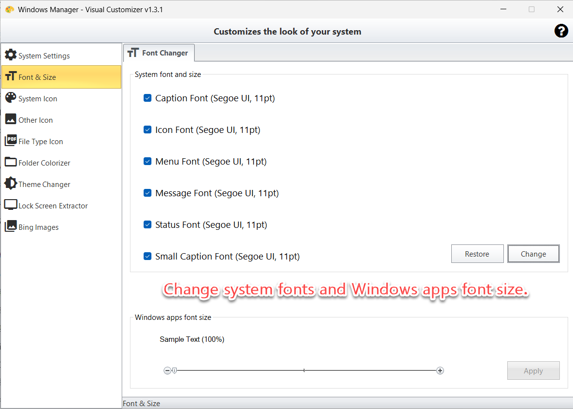 Visual Customizer Font & Size: change system fonts and Windows apps font size