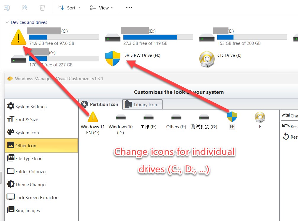 Visual Customizer Other Icon Partition Icon: change icons for individual drives such as C: and D: