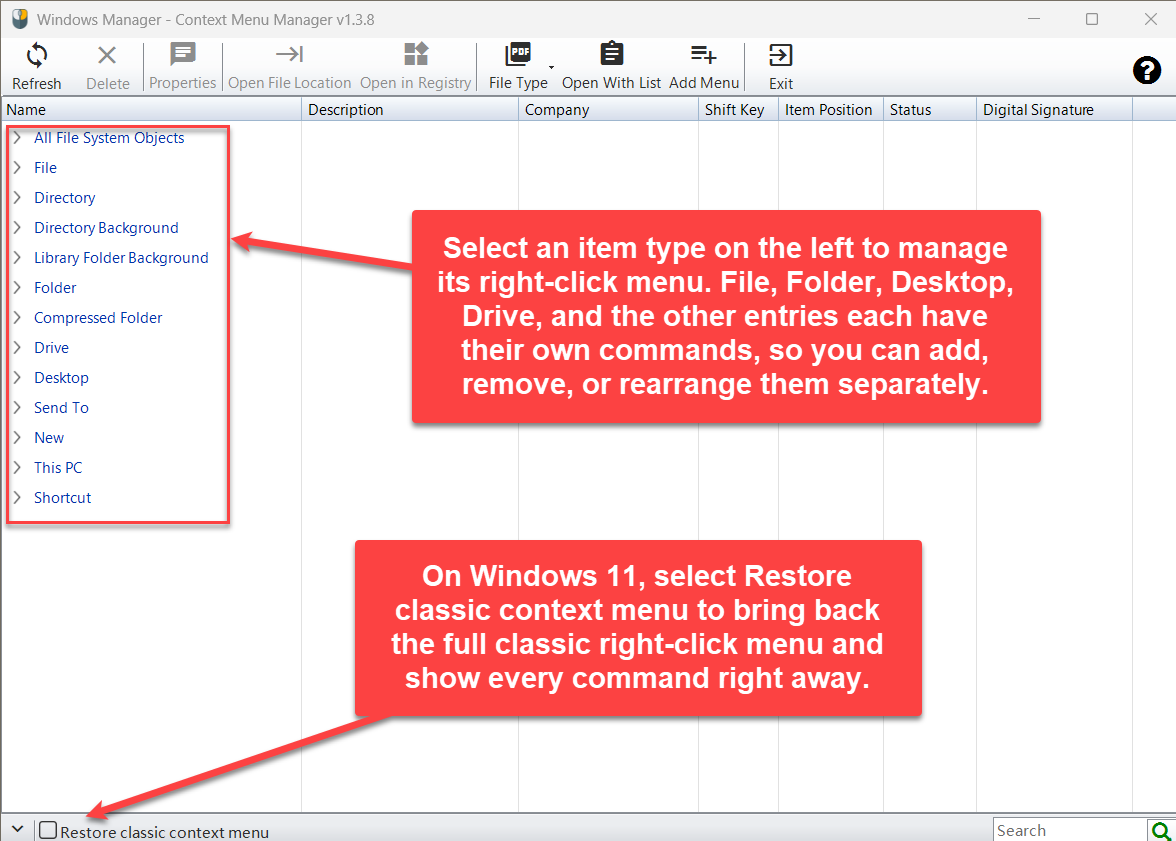 Item types on the left of Context Menu Manager, and the Restore classic Context Menu check box on Windows 11