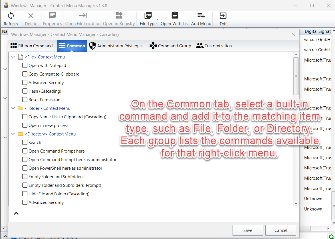 Common tab listing built-in commands grouped by File, Folder, and Directory