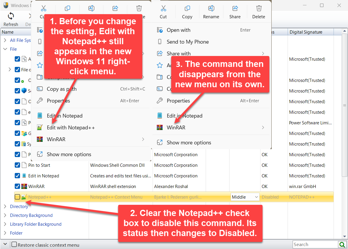 Notepad++ unchecked, removed from the Windows 11 new menu, with Status set to Disabled