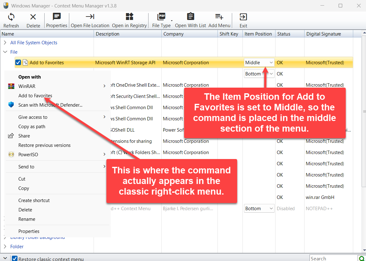 Add to Favorites with Item Position set to Middle on the classic right-click menu
