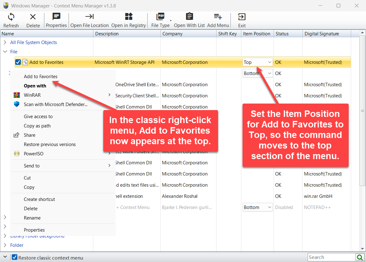 Add to Favorites with Item Position set to Top at the top of the classic right-click menu