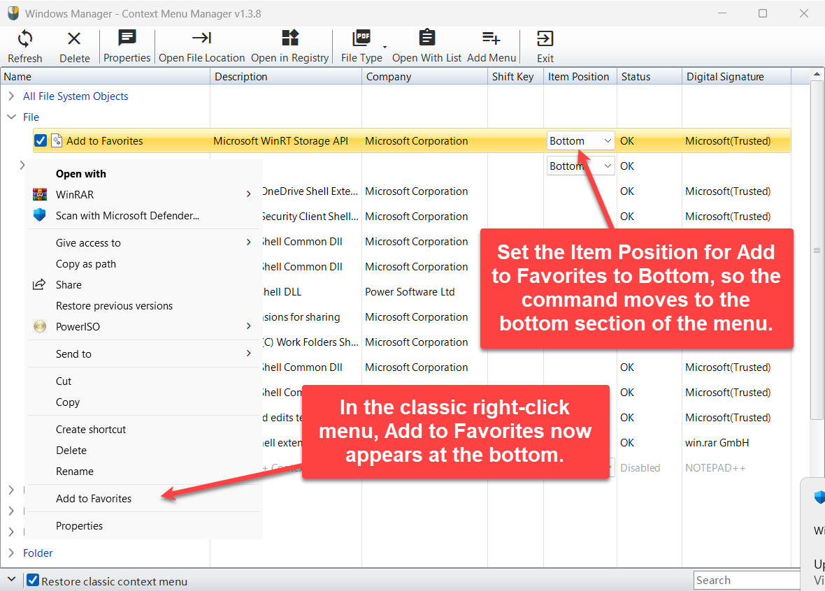 Add to Favorites with Item Position set to Bottom at the bottom of the classic right-click menu