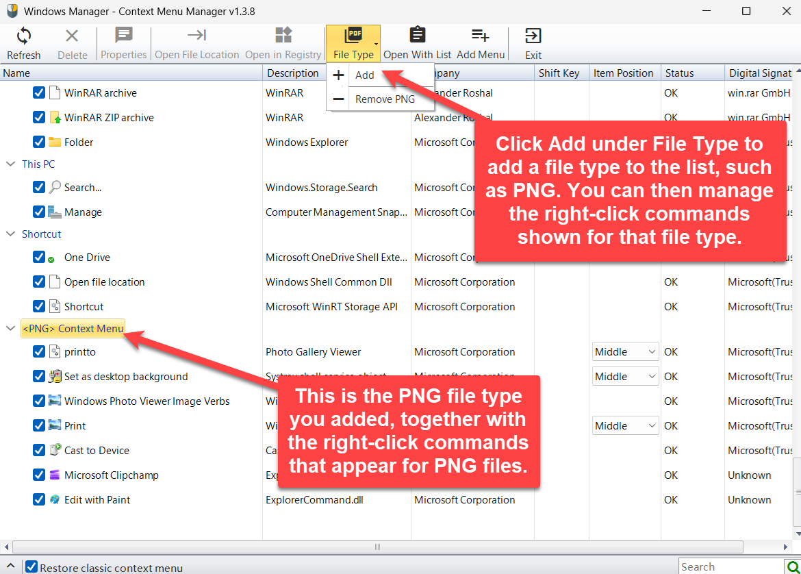 File Type menu with Add, and the PNG Context Menu group after PNG is added