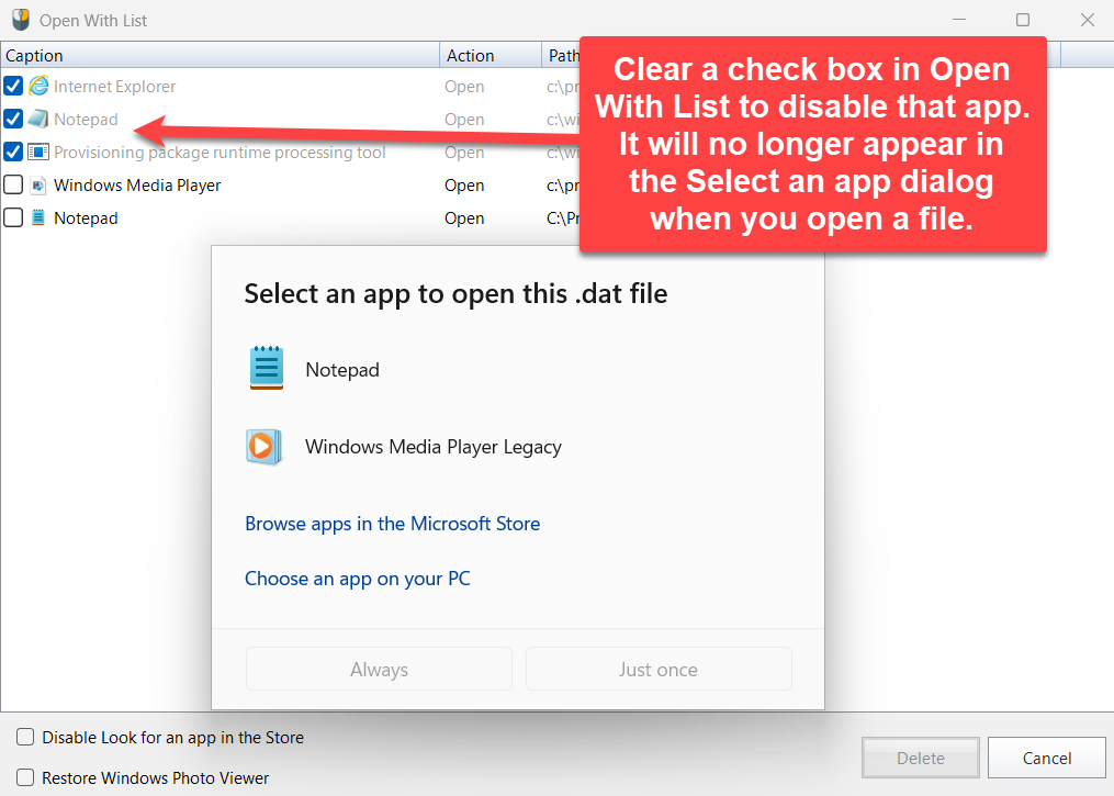 Open With List window, and the dialog for choosing an app to open a dat file
