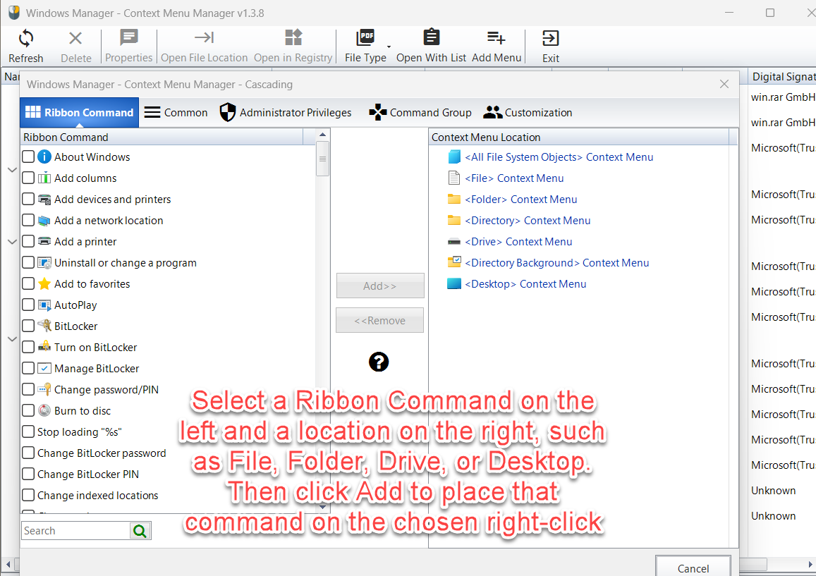 Ribbon Command page: choose a command on the left and a location such as File, Folder, Drive, or Desktop on the right