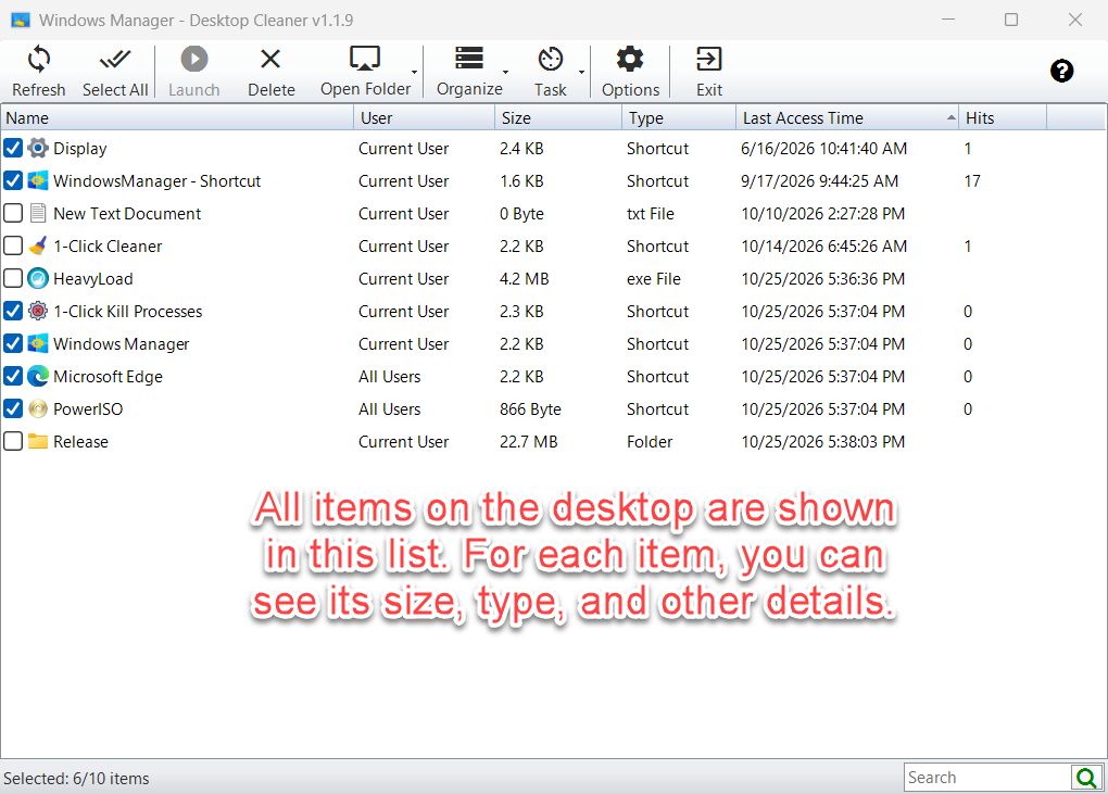 Desktop Cleaner lists every desktop item with name, user, size, type, last access time, and hits