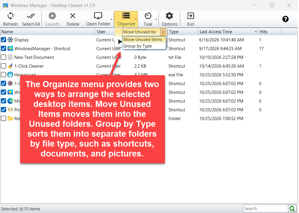 Desktop Cleaner Organize menu with Move Unused Items and Group by Type