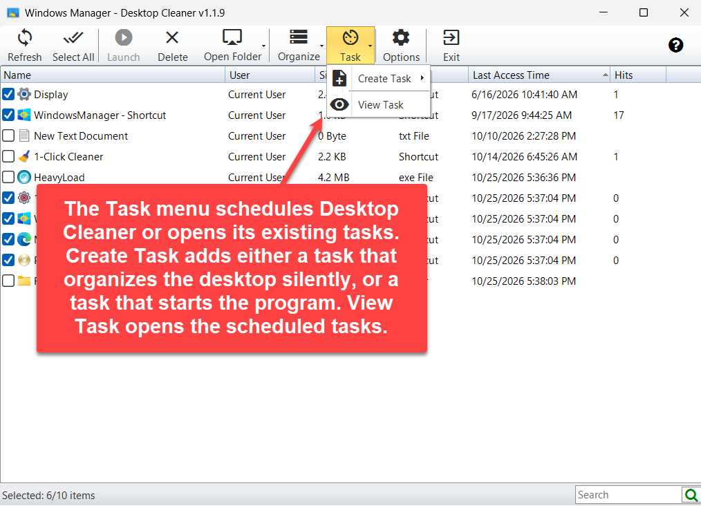 Desktop Cleaner Task menu with Create Task and View Task