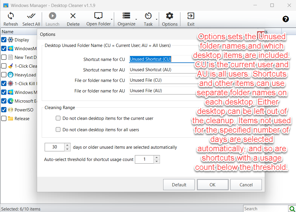 Desktop Cleaner Options for unused folder names, cleaning range, unused days, and shortcut usage count