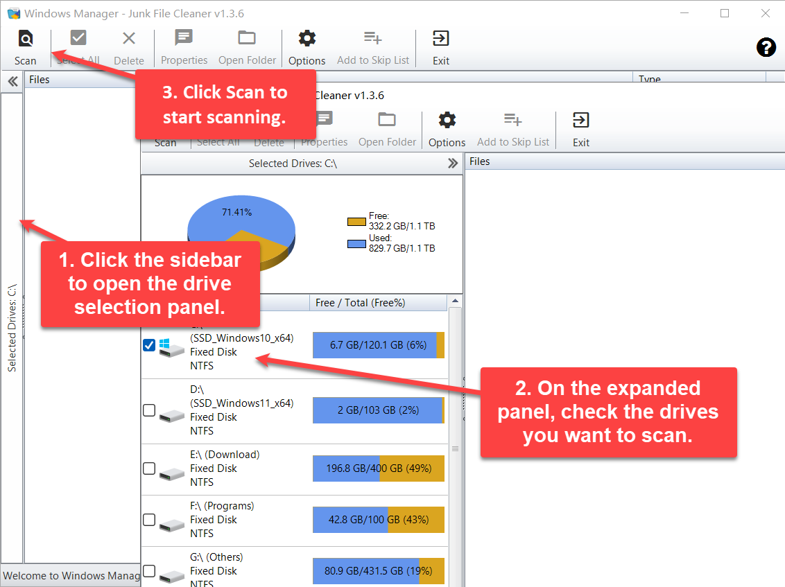 Junk File Cleaner: open the sidebar, check the drives to scan, then click Scan