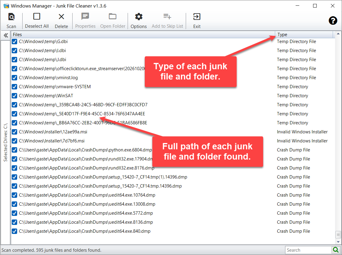Scan results list the full path and type of each junk file