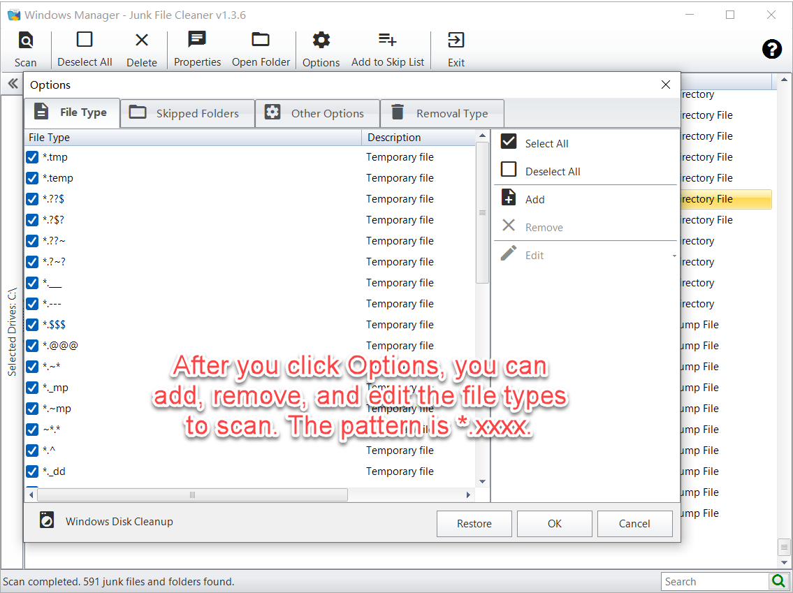 On the File Type page, add, remove, or edit the file types to scan