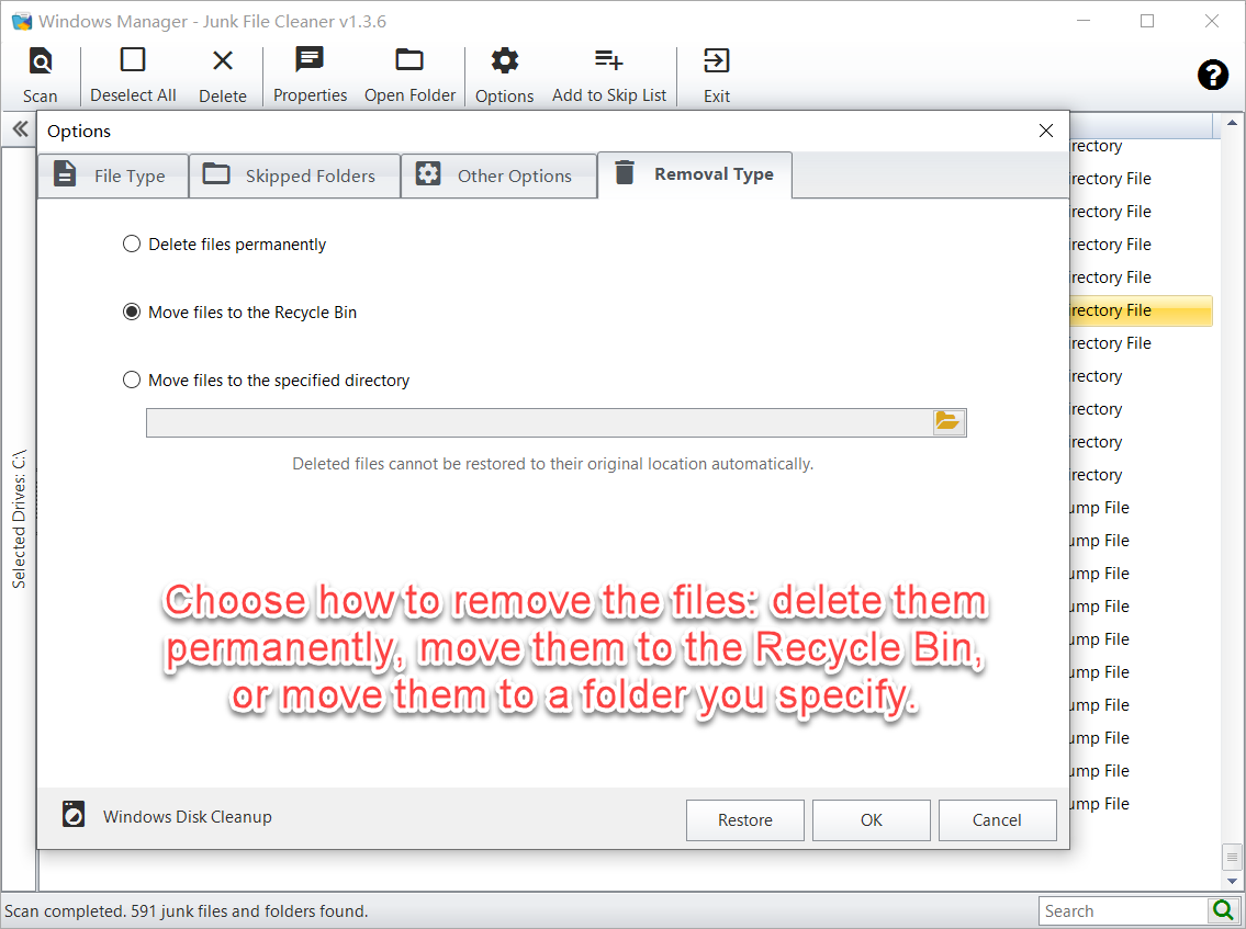 Removal Type: delete permanently, move to the Recycle Bin, or move to a specified folder