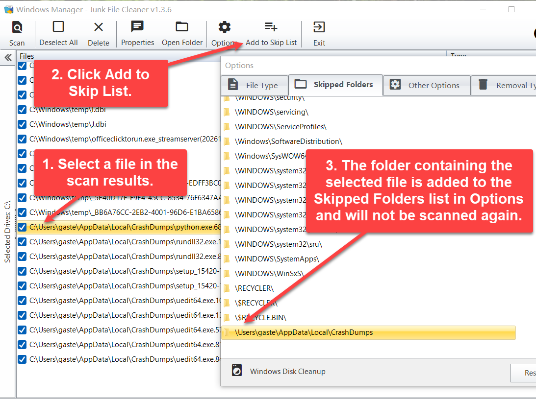 Select a file in the results and click Add to Skip List to skip its folder