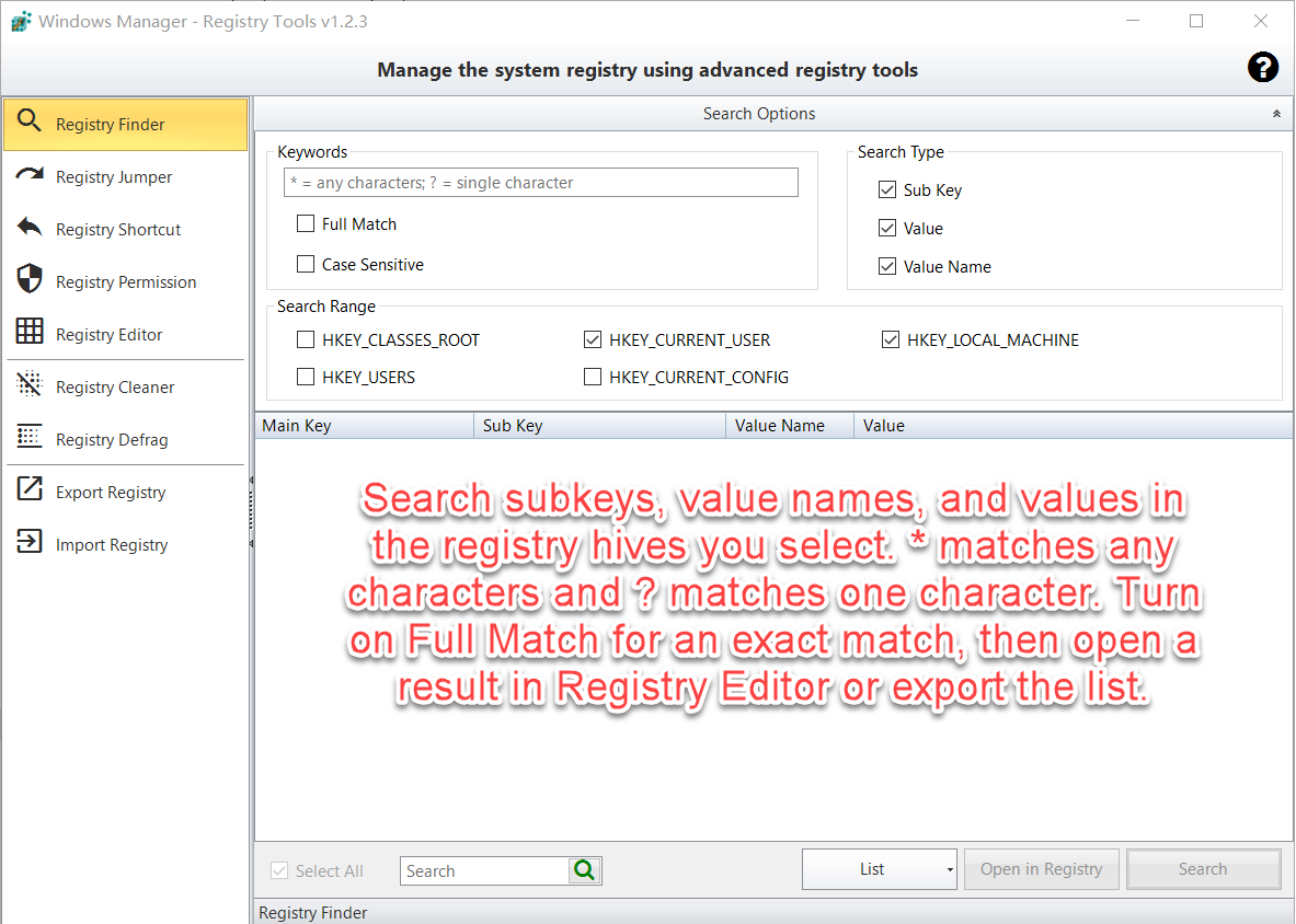Registry Finder in Windows Manager: keyword box, search type, registry hives, and result columns