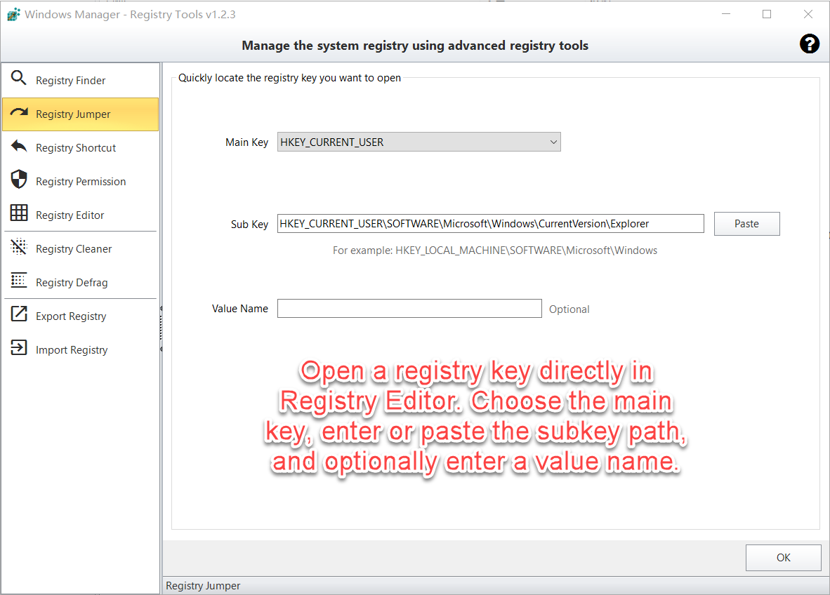Registry Jumper: main key, subkey path, Paste, and optional value name