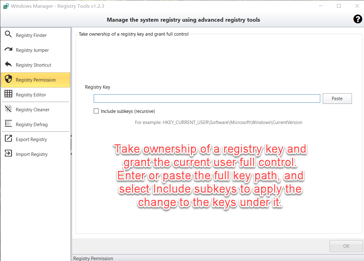 Registry Permission: key path, Include subkeys, and OK