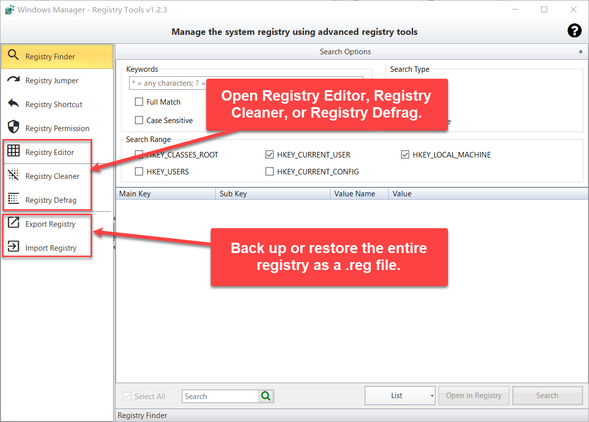Registry Tools commands for Registry Editor, Registry Cleaner, Registry Defrag, Export Registry, and Import Registry