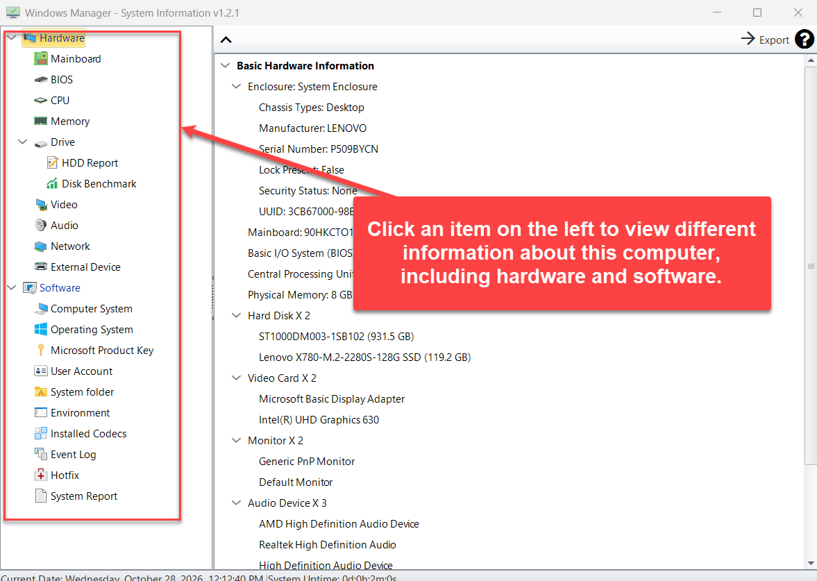 System Information main window: Hardware selected on the left, basic hardware details on the right, Export and help icon on the toolbar