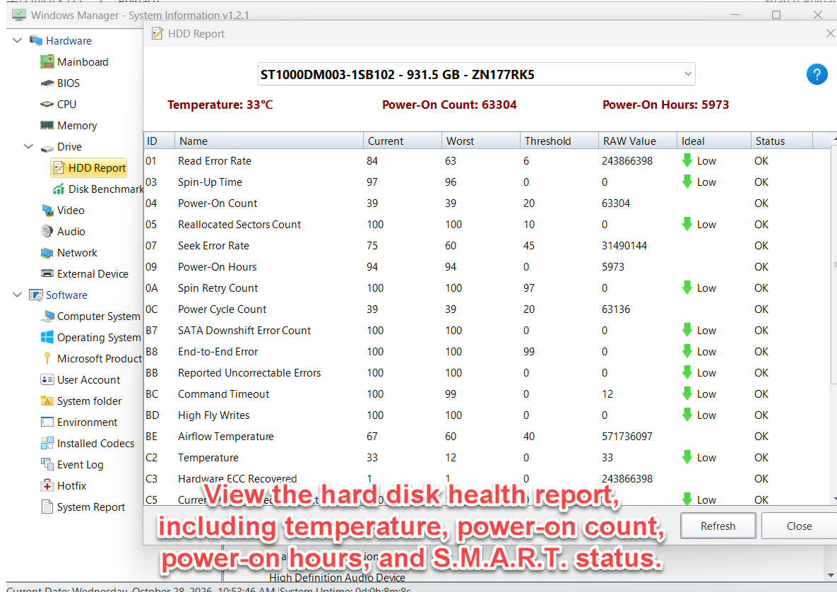 HDD Report showing drive temperature, power-on count, power-on hours, and S.M.A.R.T. attributes with status OK